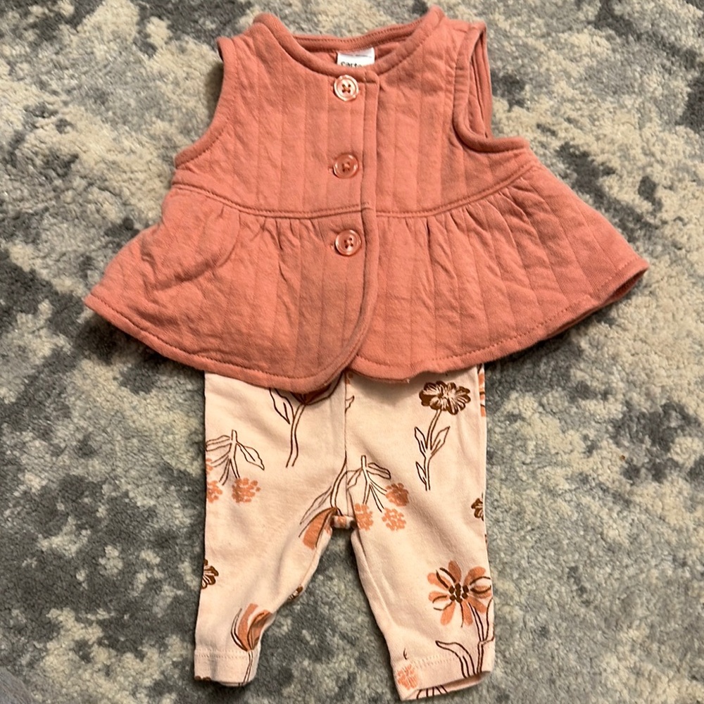 Pink Quilted Baby Vest and Floral Pants Set